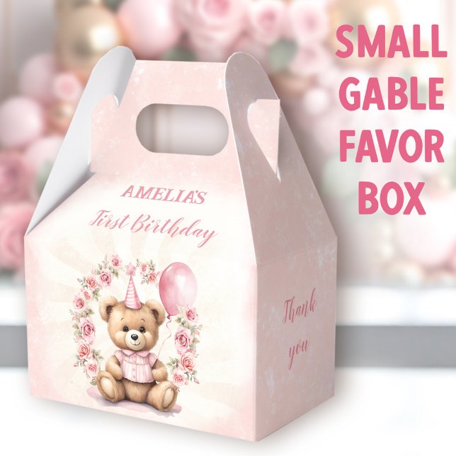 1st Birthday Pink Roses Cute Teddy Bear Favor Boxes (Bear Roses Small Gable Favor Boxes - You can choose from 3 sizes of these gable favor boxes)