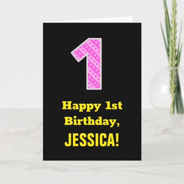 1st Birthday: Pink Stripes and Hearts "1" + Name Card (Front)