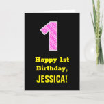 [ Thumbnail: 1st Birthday: Pink Stripes and Hearts "1" + Name Card ]