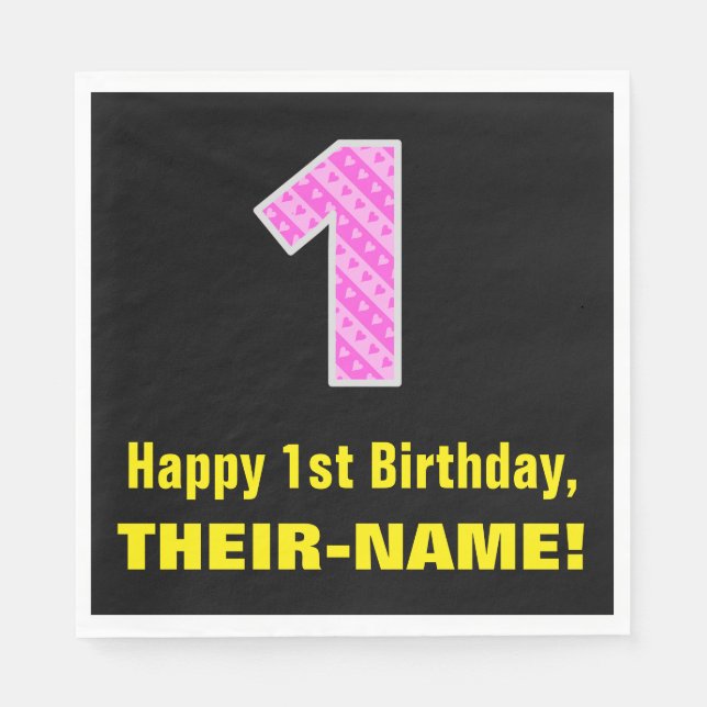 1st Birthday: Pink Stripes and Hearts "1" + Name Napkins (Front)