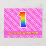 [ Thumbnail: 1st Birthday: Pink Stripes & Hearts, Rainbow 1 Postcard ]