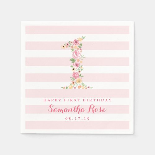 1st Birthday Pink Stripes  Watercolor Floral ONE Napkins