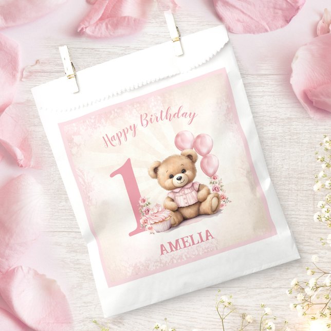 1st Birthday Pink Teddy Bear Favor Bag  (1st Birthday Pink Teddy Bear Favor Bag)