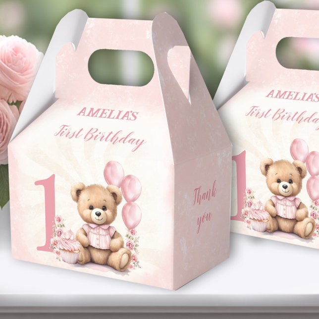 1st Birthday Pink Teddy Bear Number Favor Boxes (Bear Birthday Favor Boxes - You can choose from 3 sizes by clicking on the STYLE dropbox.)