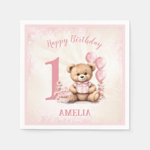 1st Birthday Pink Teddy Bear Paper Napkins