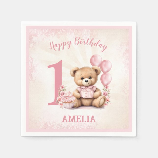 1st Birthday Pink Teddy Bear Paper Napkins (Front)