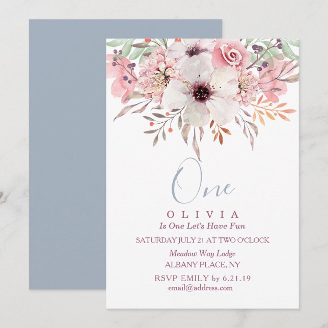 1st Birthday Pink Watercolor Floral Invitation (Front/Back)