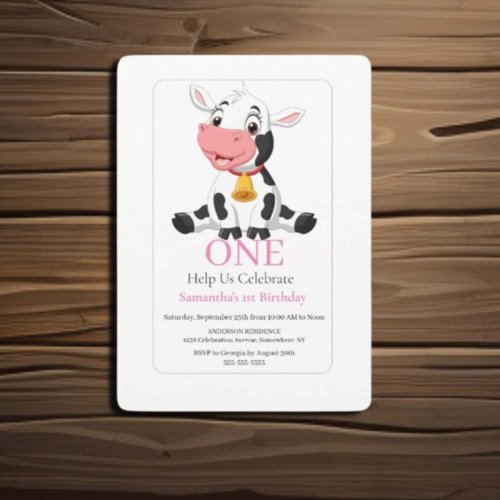  1st Birthday Pink White Baby Cow Invitation 