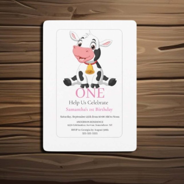  1st Birthday Pink White Baby Cow Invitation  (Creator Uploaded)
