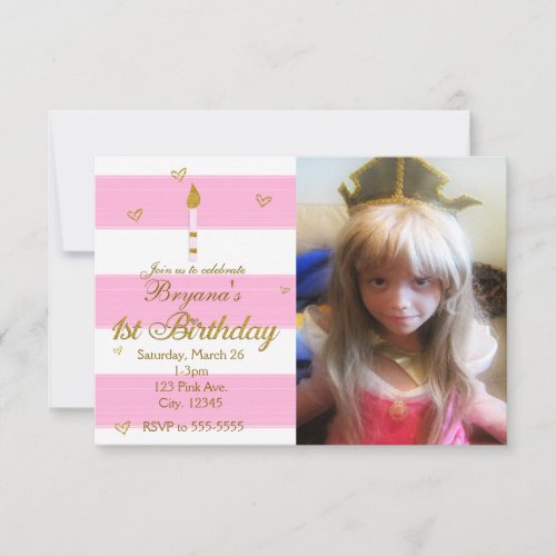 1ST BIRTHDAY Pink White  Gold Photo Invitation