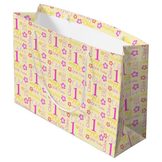 1st Birthday pink yellow custom name Large Gift Bag (Back Angled)