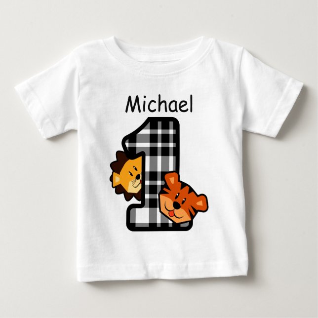 1st Birthday Plaid Tiger and Lion 1 Year Old A2 Baby T-Shirt (Front)