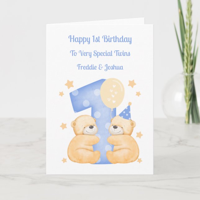 1st Birthday Polka Dot Teddies Twin Boys Card (Front)