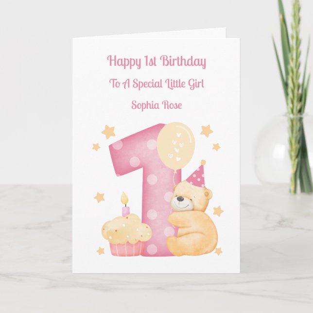 1st Birthday Polka Dot Teddy Birthday Girl Card (Front)