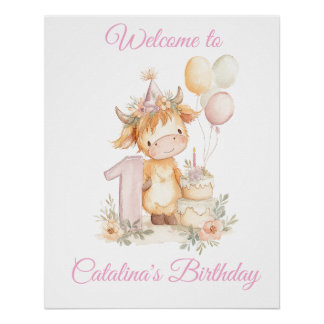 1st Birthday Poster Sign Highland Cow