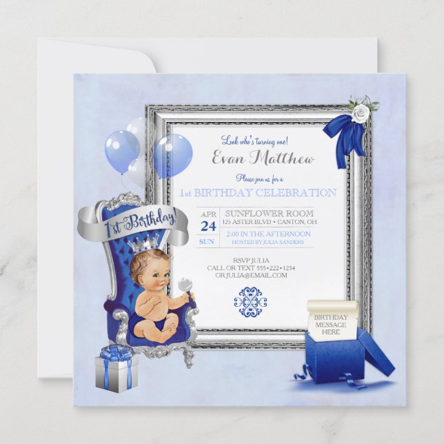 1st Birthday Prince Boy Royal Blue Silver Photo Invitation (Front)