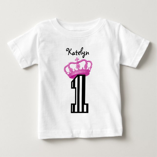 1st Birthday Princess Crown Stripes One Year Old 1 Baby T-Shirt (Front)
