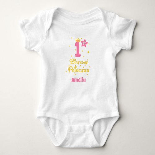 1st Birthday Princess Pink Gold Yellow with Crown Baby Bodysuit