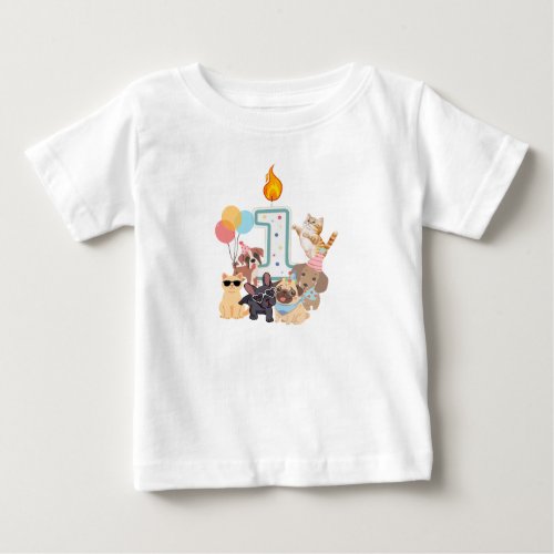 1st Birthday Puppies & Kittens Boys or Girls Baby T-Shirt
