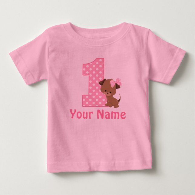 1st Birthday Puppy Pink Personalized Baby T-Shirt (Front)