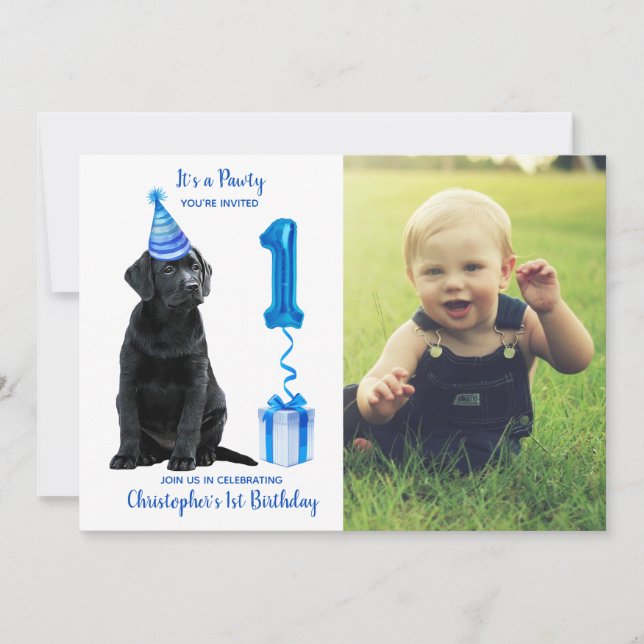 1st Birthday Puppy Theme- Cute Dog Blue Boy Pawty Invitation (Front)