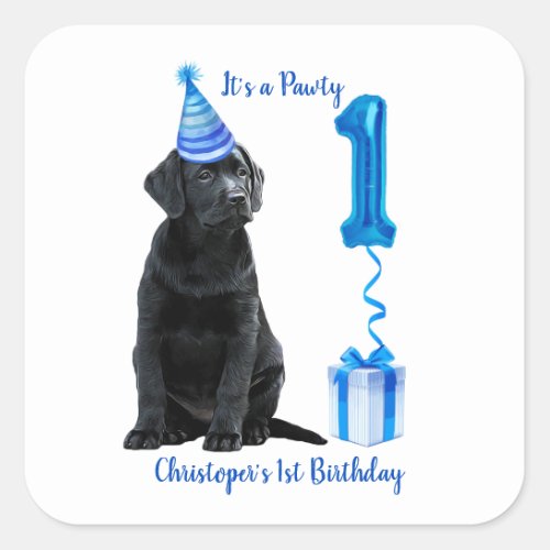 1st Birthday Puppy Theme_ Cute Dog Blue Boy Pawty Square Sticker