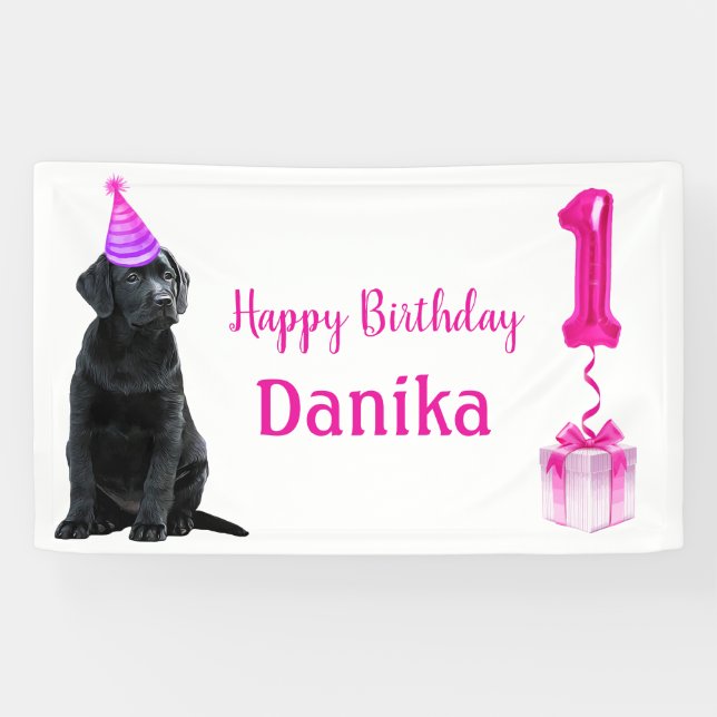 1st Birthday Puppy Theme- Cute Dog Pink Girl Pawty Banner (Horizontal)