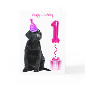 1st Birthday Puppy Theme- Cute Dog Pink Girl Pawty Card