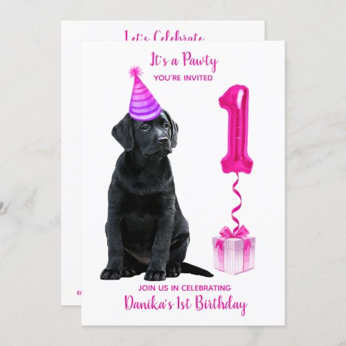 1st Birthday Puppy Theme_ Cute Dog Pink Girl Pawty Invitation