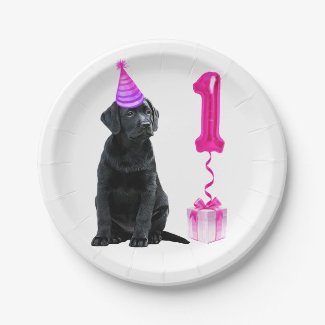 1st Birthday Puppy Theme- Cute Dog Pink Girl Pawty Paper Plates (Front)