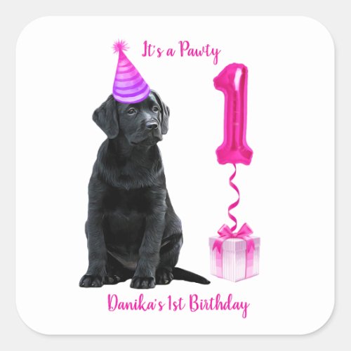 1st Birthday Puppy Theme_ Cute Dog Pink Girl Pawty Square Sticker