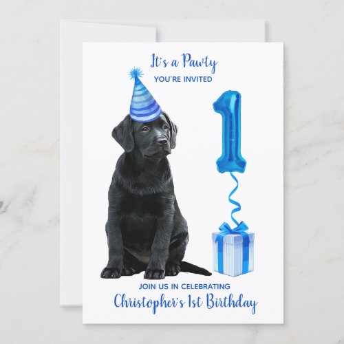 1st Birthday Puppy Theme Pawty_ Cute Dog Blue Boy Invitation