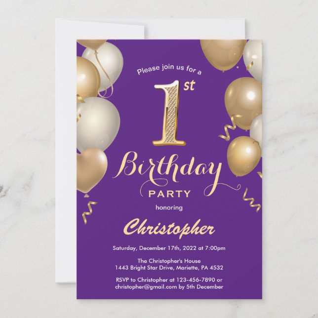 1st Birthday Purple and Gold Balloons Confetti Invitation (Front)