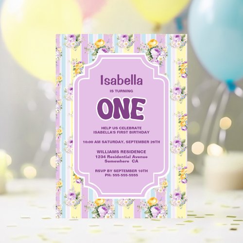 1st Birthday Purple Floral Striped Party Invitation