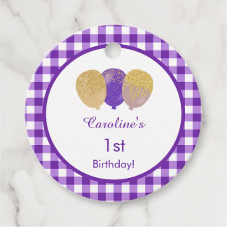 1st Birthday Purple Gingham Cute Balloons Round Favor Tags
