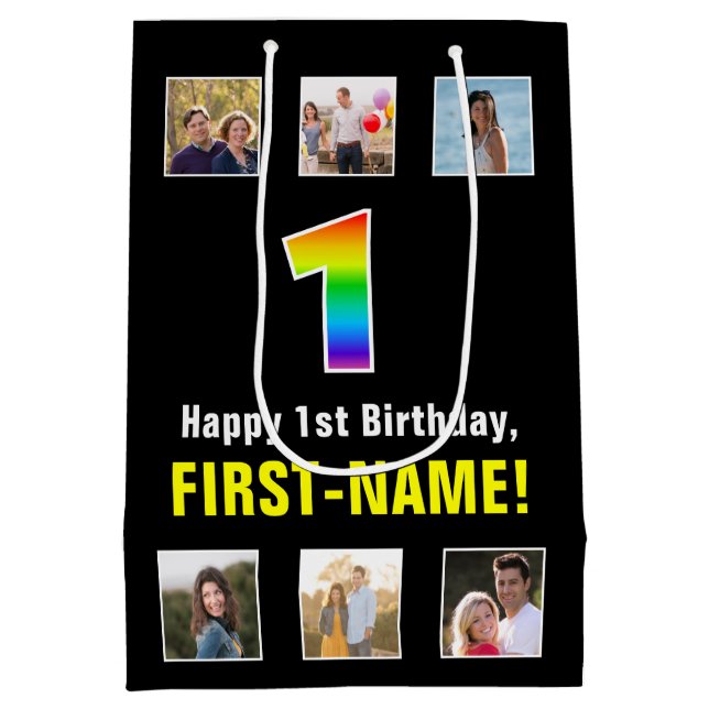 1st Birthday: Rainbow “1“, Custom Photos & Name Medium Gift Bag (Back)