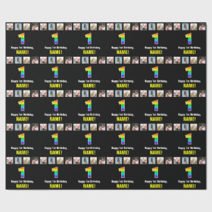 1st Birthday: Rainbow “1“; Custom Photos & Name Wrapping Paper