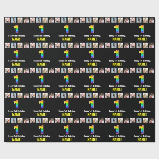 1st Birthday: Rainbow “1“; Custom Photos & Name Wrapping Paper (Seam)