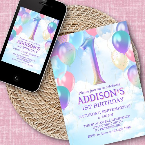 1st Birthday Rainbow Balloons Invitation