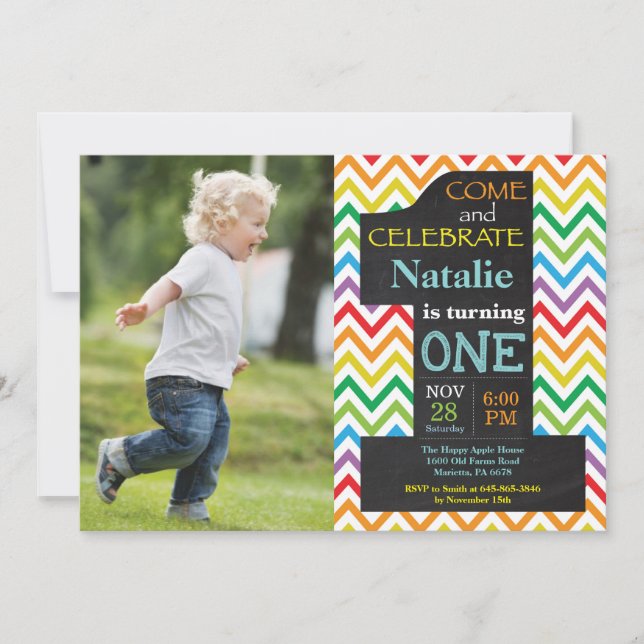 1st Birthday Rainbow Chalkboard Photo Invitation (Front)