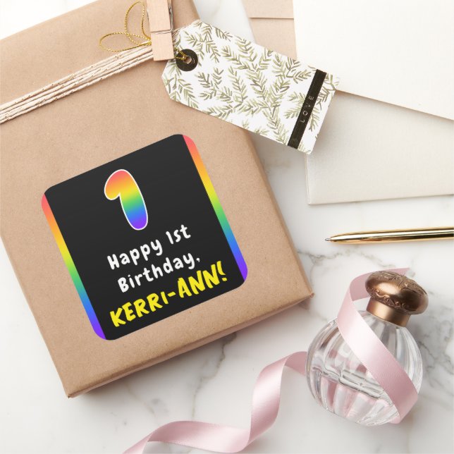 1st Birthday: Rainbow Spectrum # 1, Custom Name Square Sticker (Gifting)