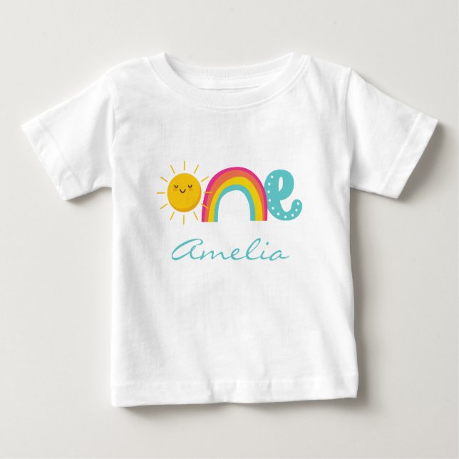 1st Birthday Rainbow Sun White Personalized Baby T-Shirt (Front)