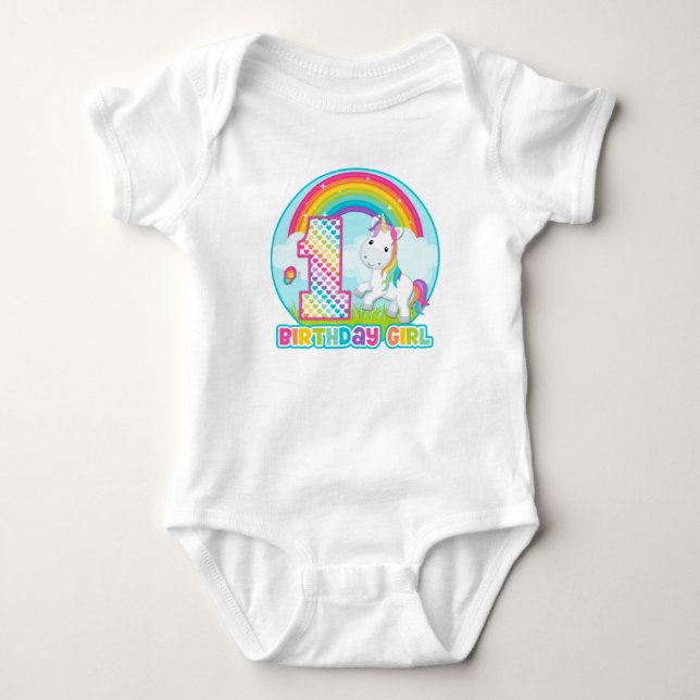 1st Birthday Rainbow Unicorn - Birthday Girl Baby Bodysuit (Front)