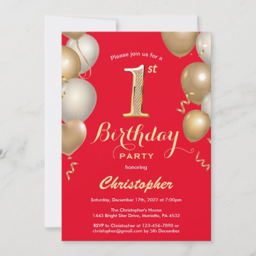 1st Birthday Red and Gold Balloons Confetti Invitation