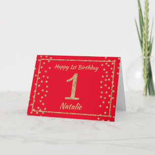 1st Birthday Red and Gold Glitter Confetti Card
