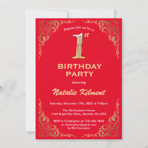1st Birthday Red and Gold Glitter Frame Invitation