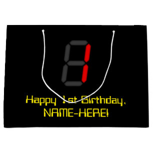 1st Birthday: Red Digital Clock Style "1" + Name Large Gift Bag