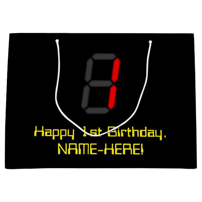 1st Birthday: Red Digital Clock Style "1" + Name Large Gift Bag (Front)