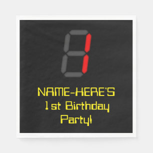 1st Birthday: Red Digital Clock Style "1" + Name Napkins