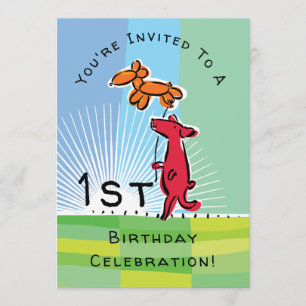 1st Birthday Red Dog with Doggie Balloon Party Invitation